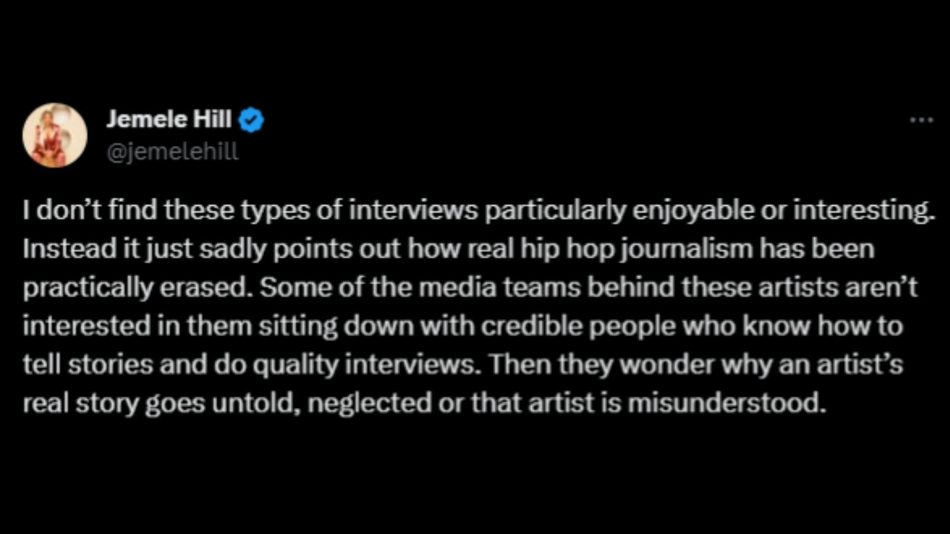 Screenshot of Jemele Hill&#039;s X post remarking on Bobbi Althoff&#039;s interview with Offset.