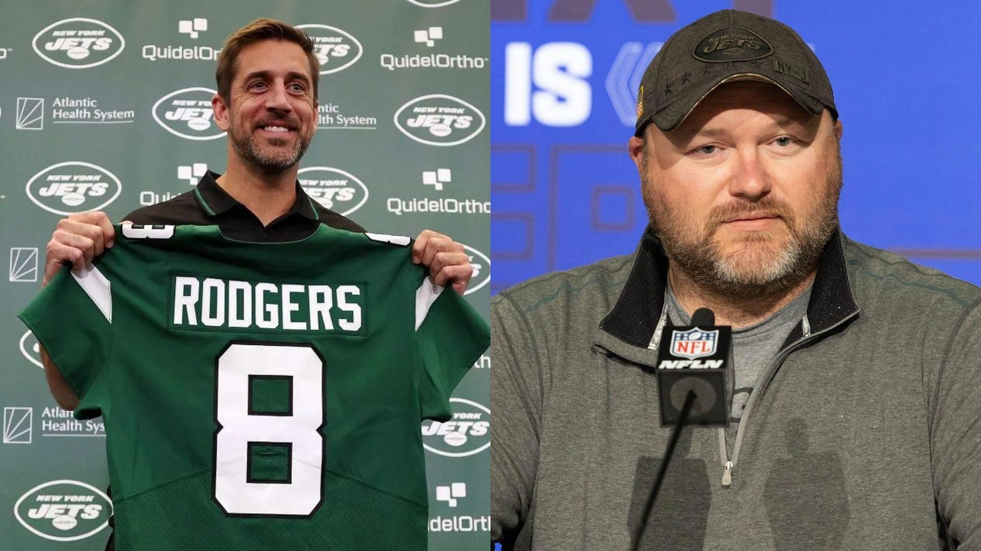 Jets GM Joe Douglas (R) on QB Aaron Rodgers (L) taking massive payout in his contract extension.