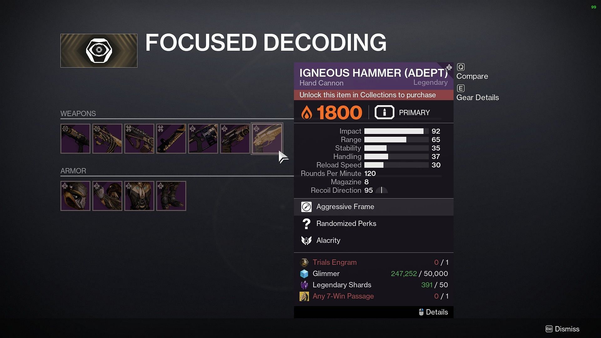 Focused Decoding page in Destiny 2 Shaxx