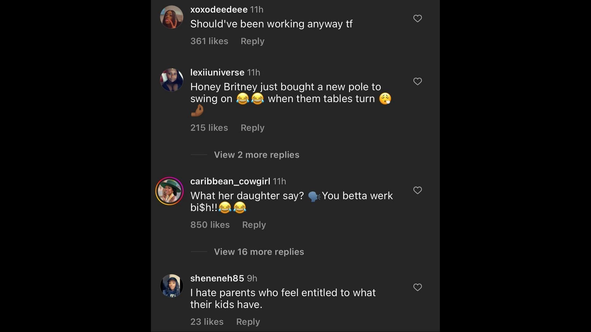 Screenshot of Internet users remarking on Lynne&#039;s financial condition after falling out with Britney. (Photo via @hollywoodunlocked/Instagram)