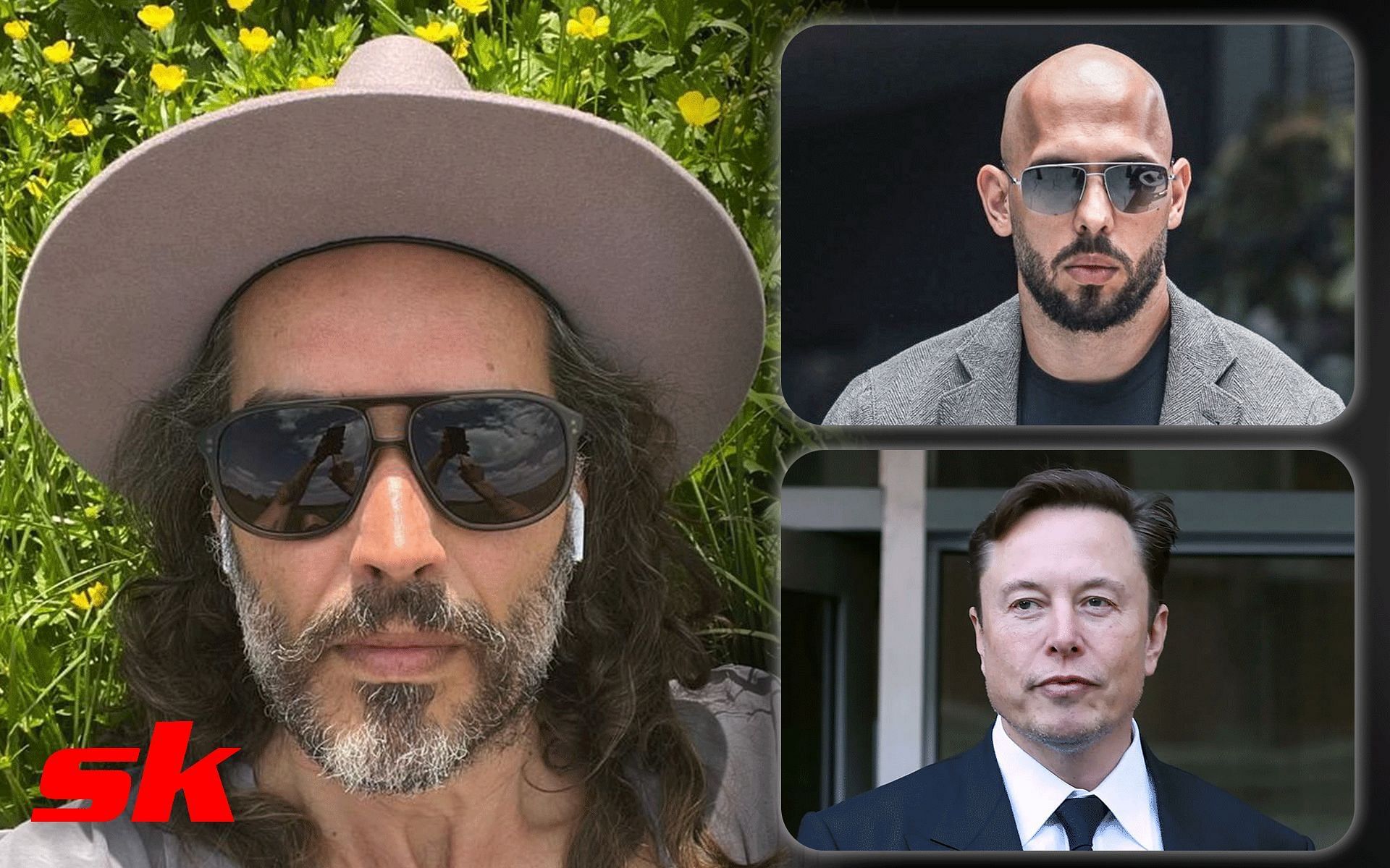 Russell Brand (Left) Elon Musk and Andrew Tate (Right) [Images via: @russellbrand on Instagram, @TateNews_ and @Gonzoukraine1 on X]