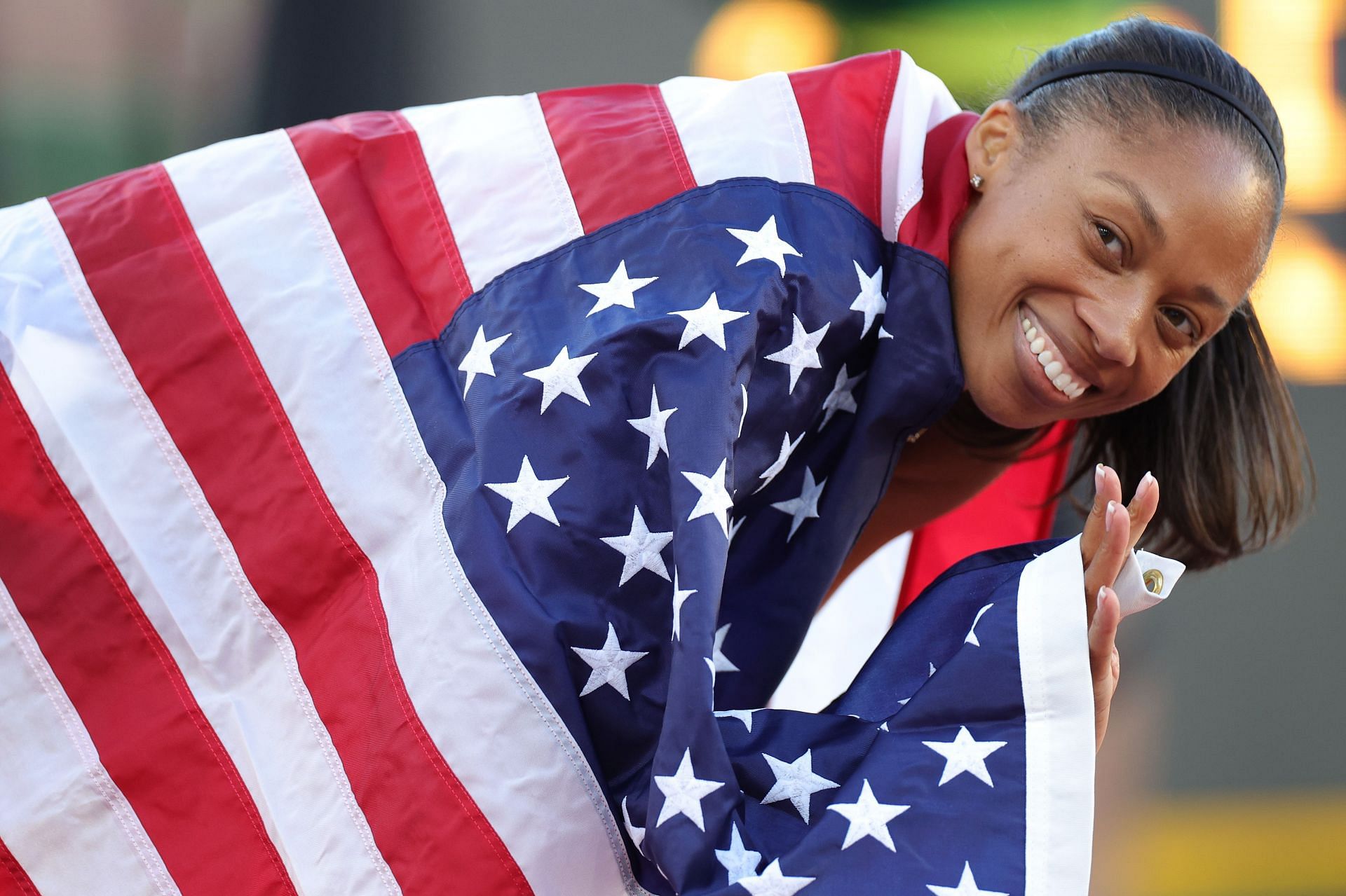 Allyson Felix after winning the 4x400m mixed relay at the 2023 World Athletics Championships in Eugene, Oregon