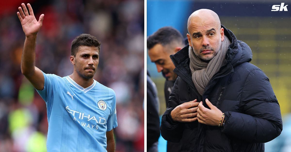 Manchester City midfielder Rodri (left) and City manager Pep Guardiola