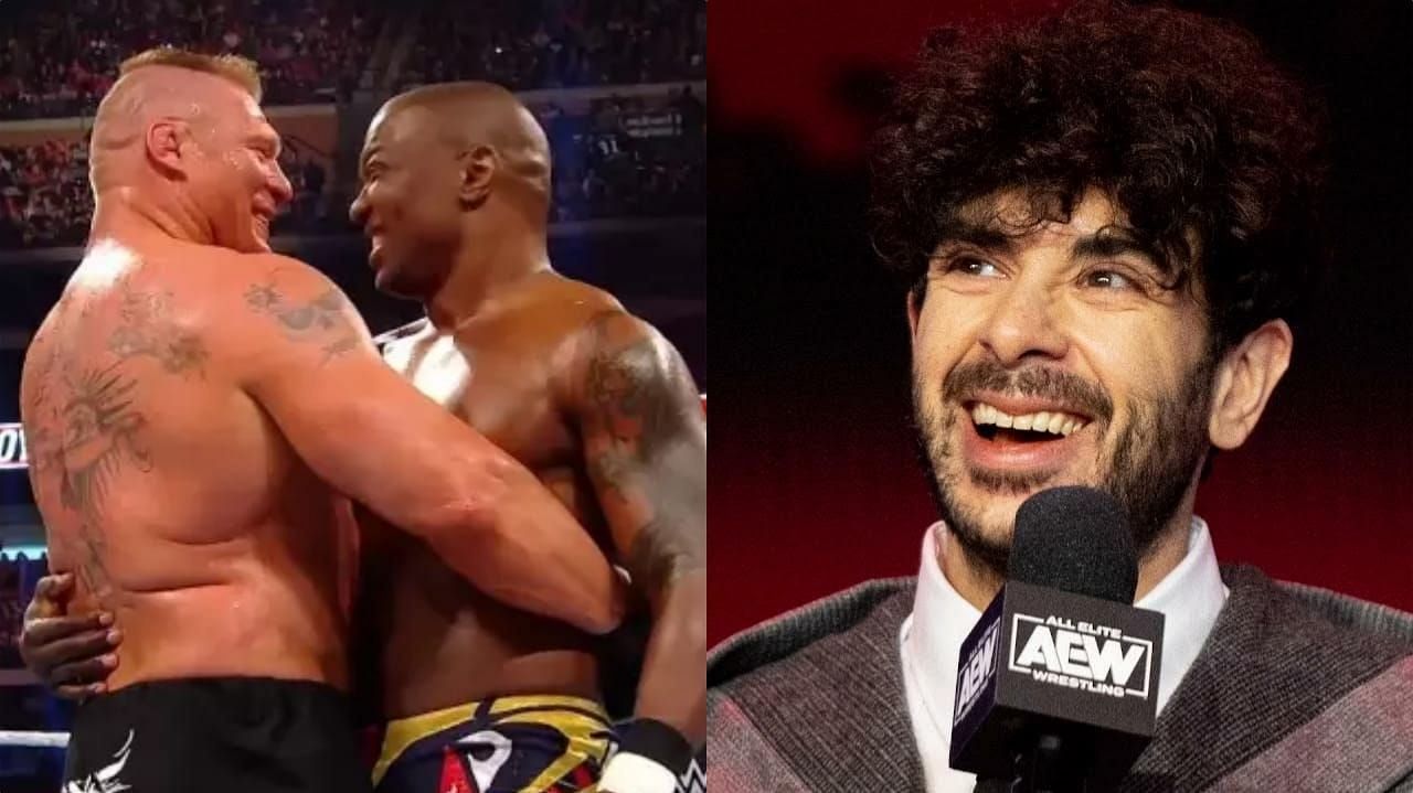 Brock Lesnar &amp; Shelton Benjamin in WWE (right) and Tony Khan (left)