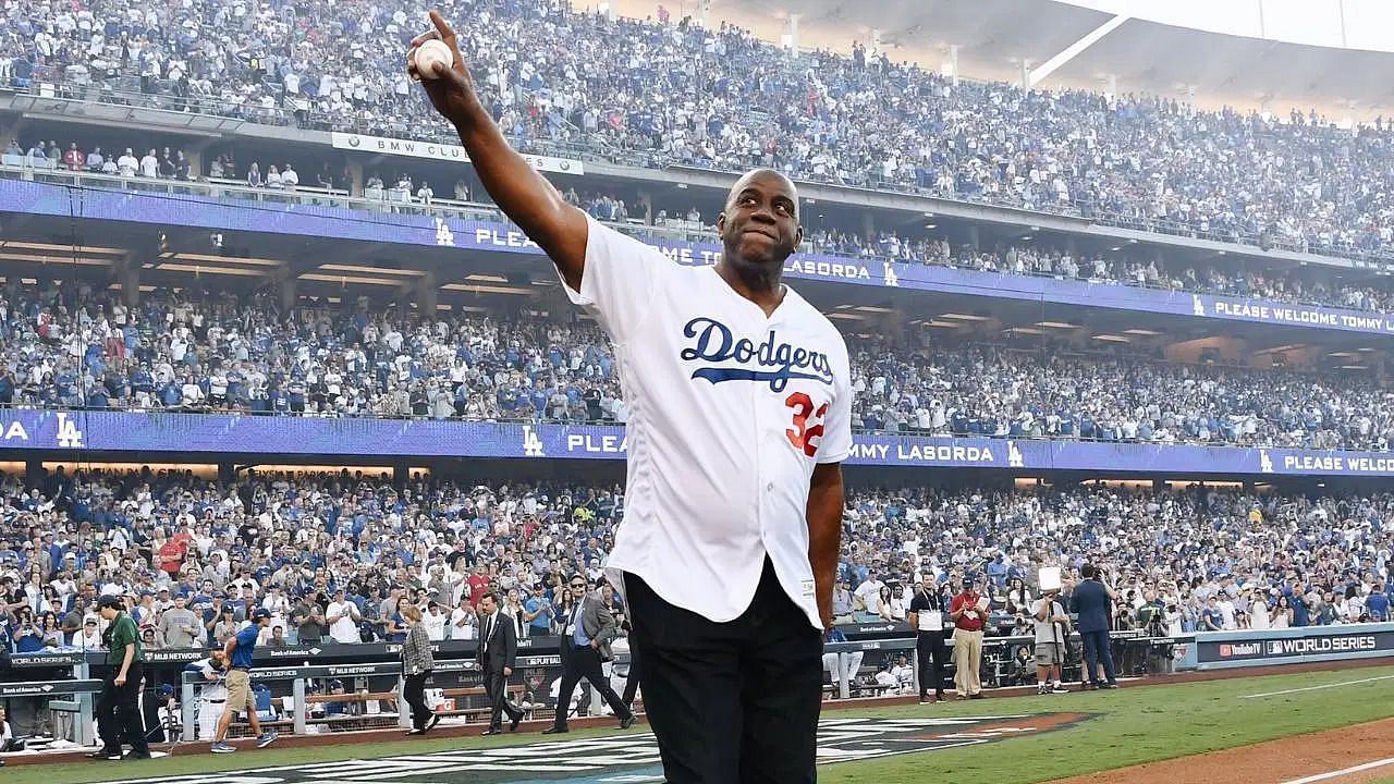 Magic Johnson wearing the Dodgers uniform