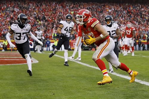 Travis Kelce during the AFC Divisional Playoffs - Jacksonville Jaguars v Kansas City Chiefs