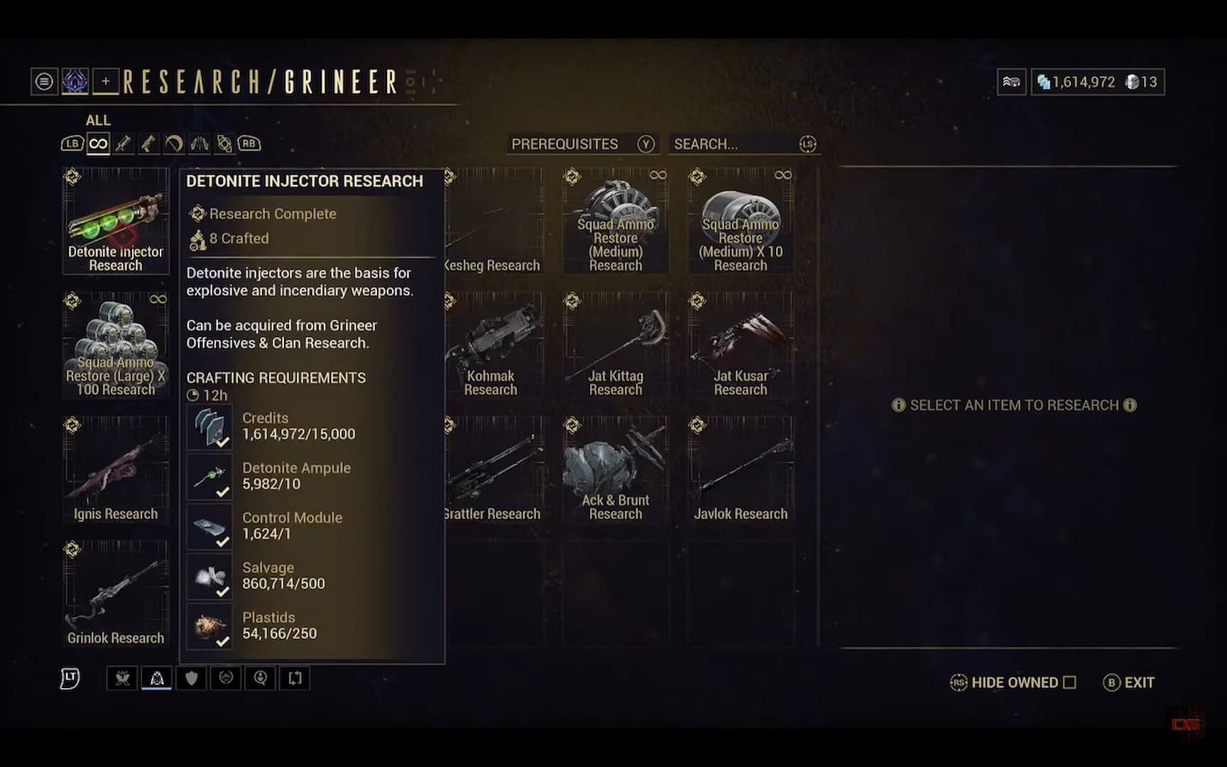 Detonite Injectors can be crafted in Warframe with its blueprint from the Chem Lab (Image via Digital Extremes)