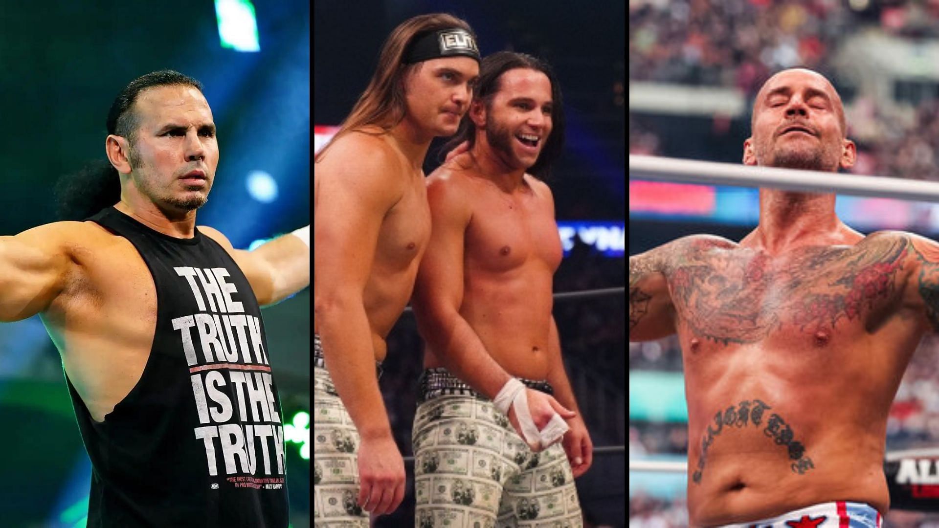 Matt Hardy (left), Young Bucks (center), CM Punk (right)