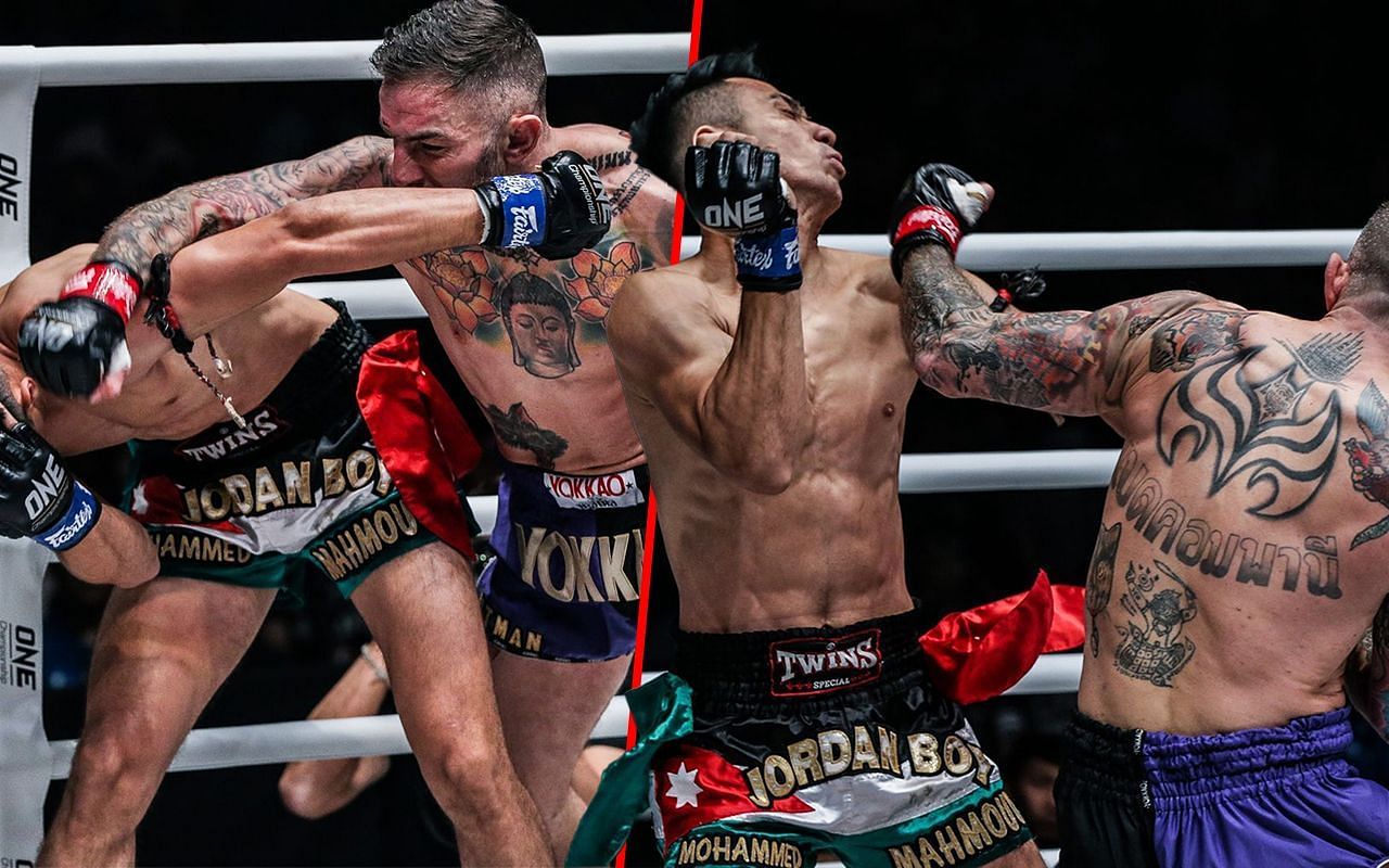 Liam Harrison fighting Mohammed Bin Mahmoud (left and right photos) | Image credit: ONE Championship