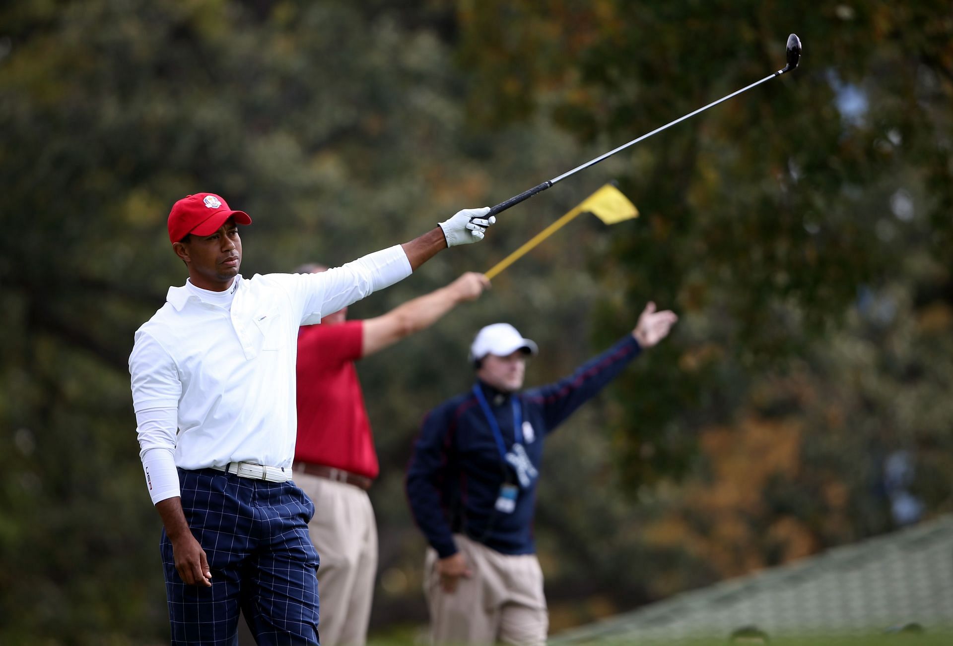 Tiger Woods reacts to a poor tee shot on the 15th hole during the 2012 Ryder Cup, Day 1 Foursome