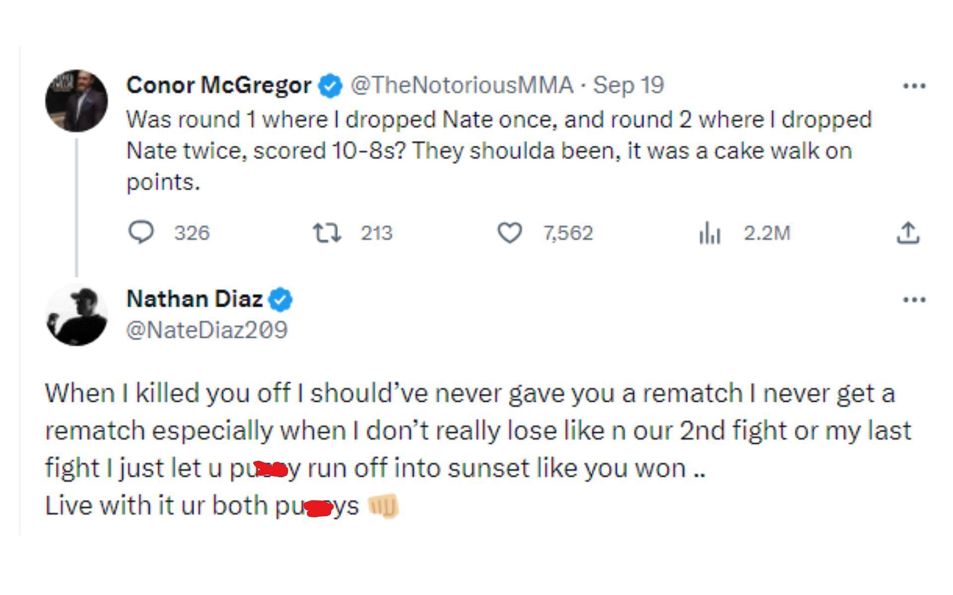 Nate Diaz's tweet responding to Conor McGregor