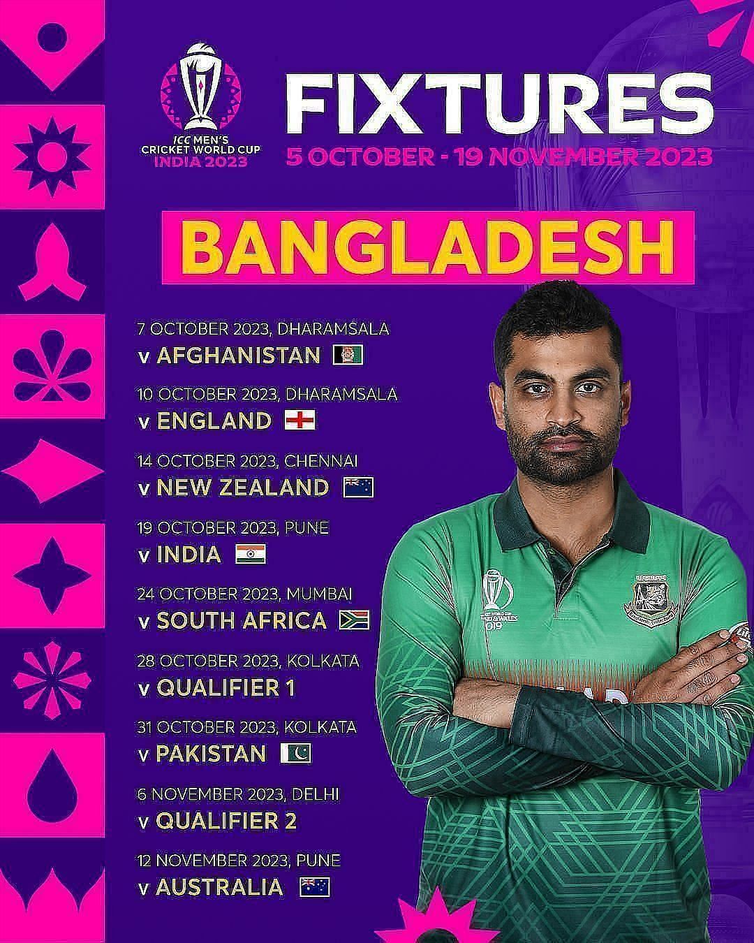 Bangladesh Cricket World Cup 2023 Schedule, Match Time & Venue