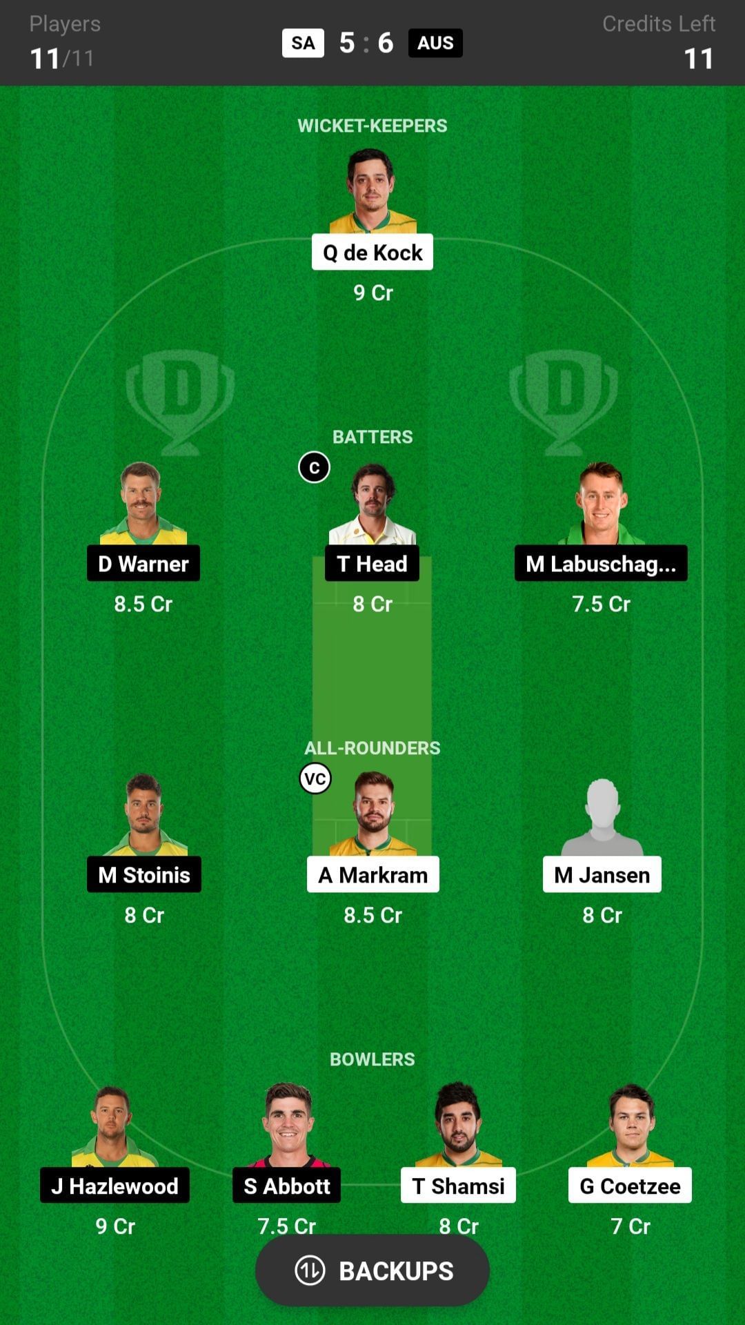 South Africa vs Australia - Dream11 Fantasy suggestion #1 (Head-to-head League)