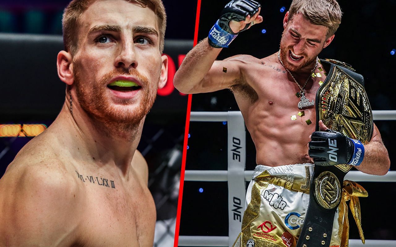 Jonathan Haggerty (left) and Haggerty holding his world title (right) | Image credit: ONE Championship