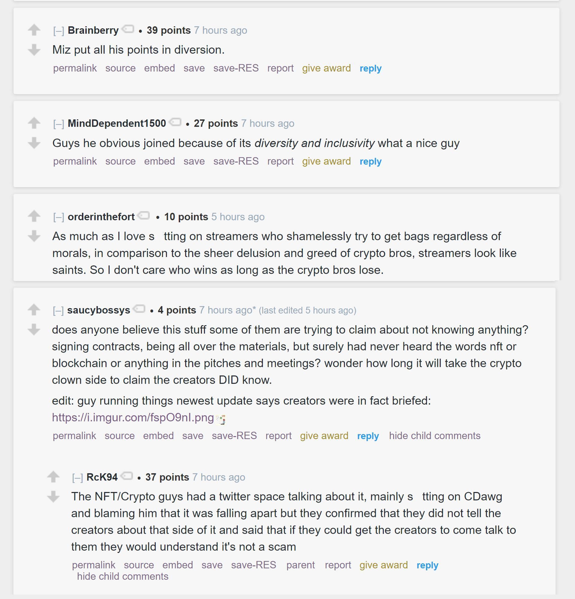 Redditors sharing their thoughts on Mizkif explaining why the OTK networking joined Creator League (Image via r/LivestreamFail)