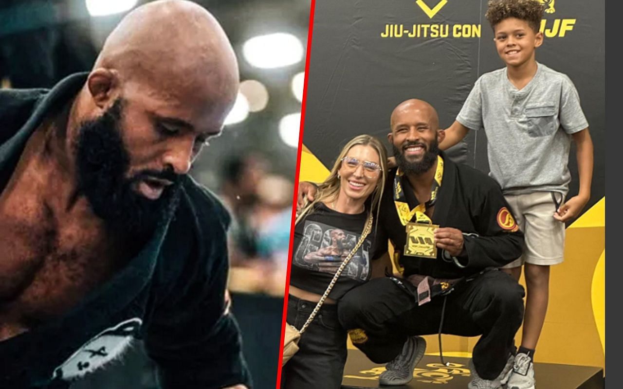 Demetrious Johnson during the tournament (left) and Johnson during the awarding ceremony (right)