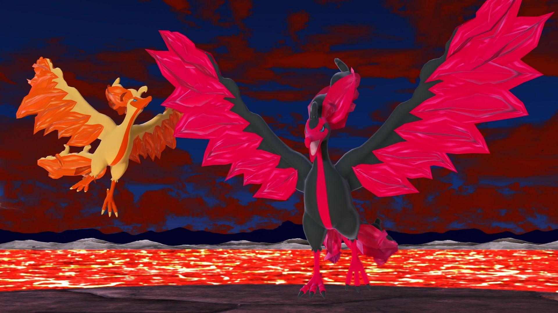 Galarian Moltres and its shiny variant as seen in Pokemon Sword and Shield (Image via The Pokemon Company)