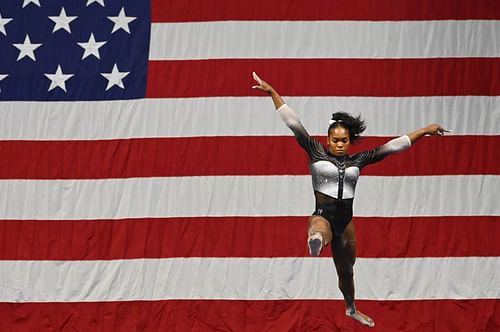 Shilese Jones competed in the women's balance beam at the 2022 U.S. Classic in West Valley City, Utah