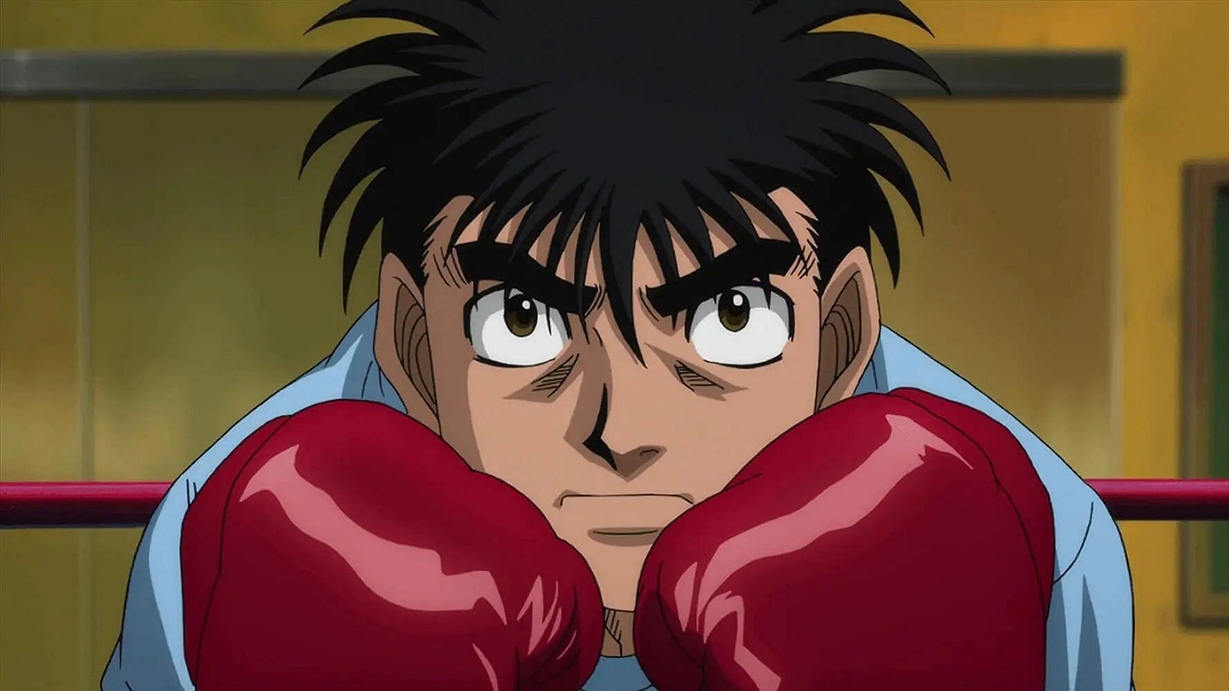 weird-quelea209: 1 cute anime girl, tomboy, pixie cut, curly green hair,  dark, muscular skin, black clothes, red boxing gloves on hands, boxing ring  in the background