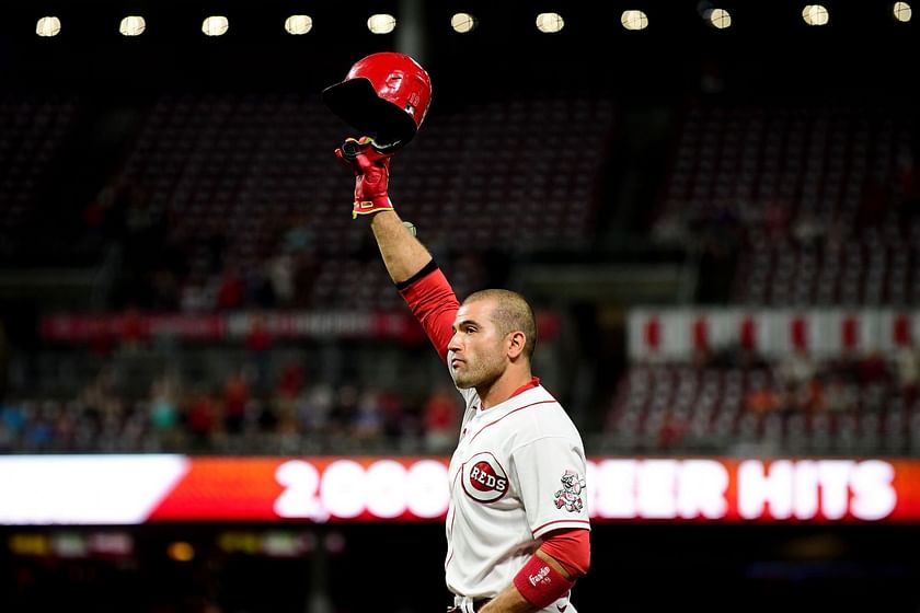 The Mr. Redlegs logo is seen on the jersey of Joey Votto during a