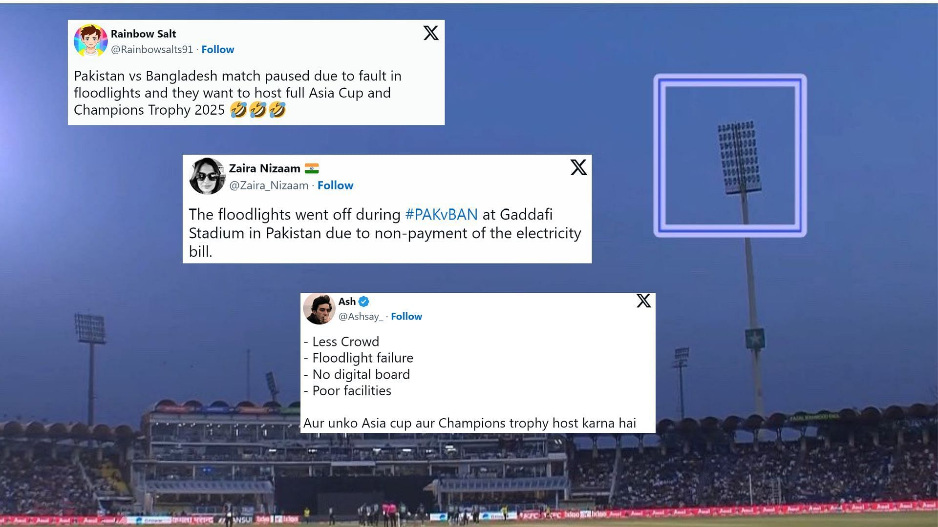 Fans trolled PCB for abrupt failure of floodlights at the Gaddafi Stadium in Lahore (P.C.:X)