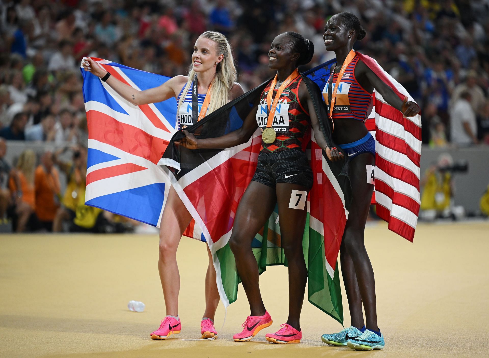 (L to R) Silver medalist Keely Hodgkinson of Team Great Britain, gold medalist Mary Moraa of Team Kenya and bronze medalist Athing Mu of Team United States pose for a photo after the Women&#039;s 800m Final