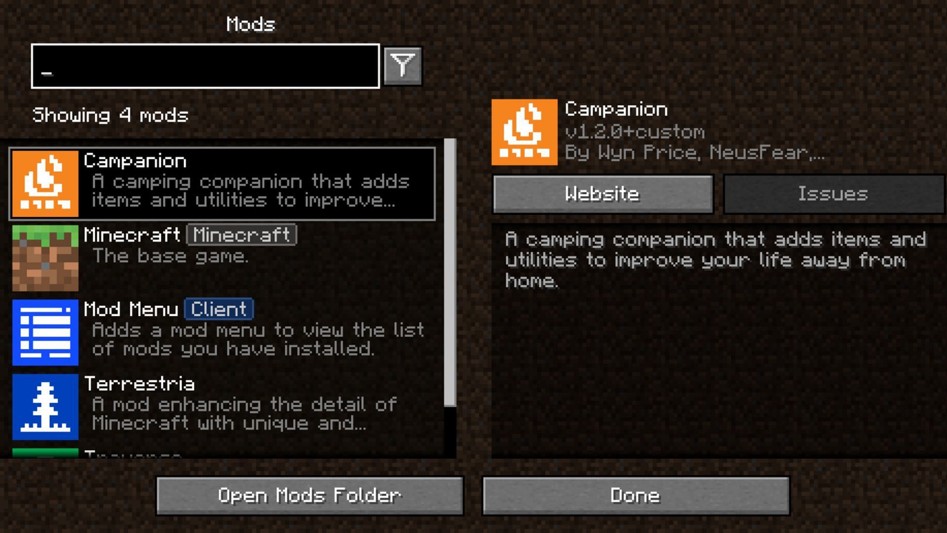 Mod Menu showcases all the installed mods in a new UI screen (Image via CurseForge)