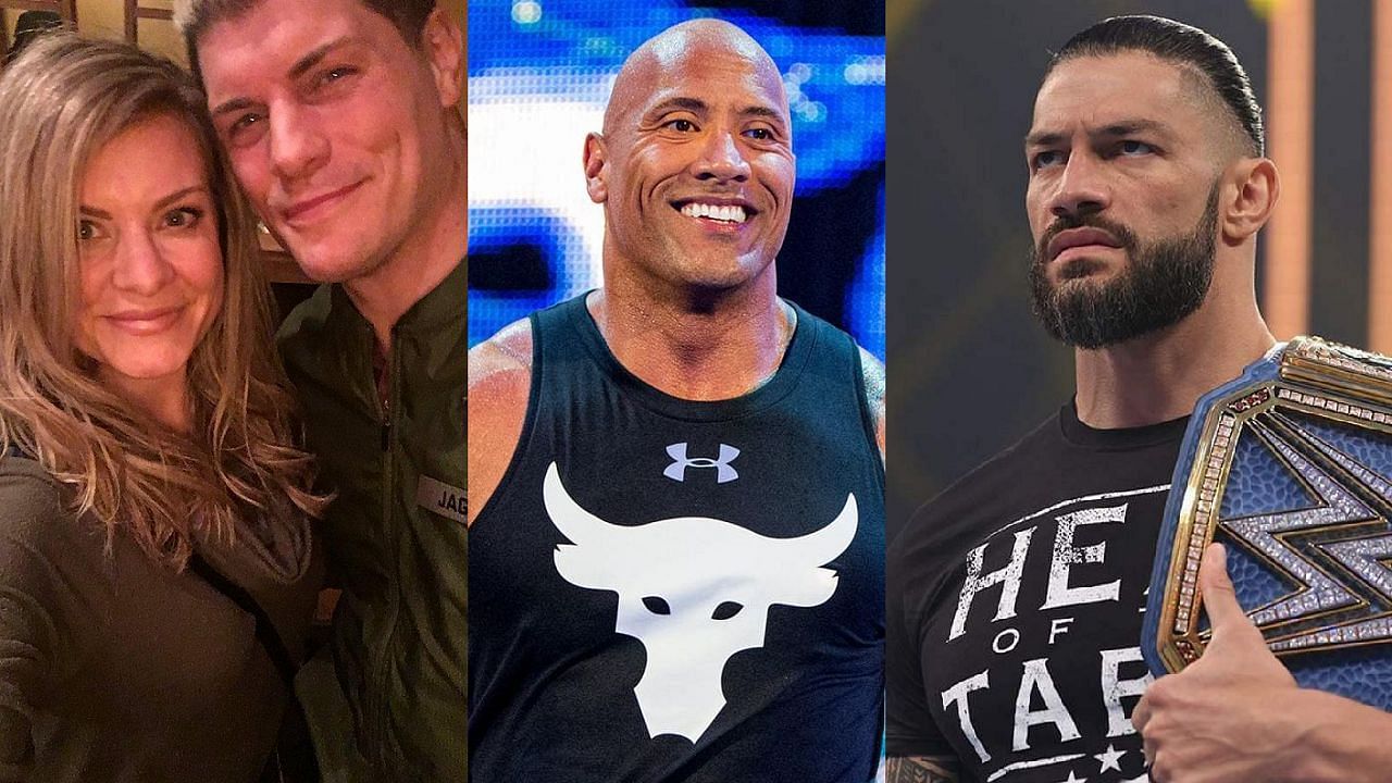Teil and Cody Rhodes (left); The Rock (middle); Roman Reigns (right)