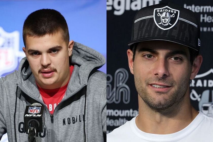 Las Vegas Raiders quarterback Aidan O'Connell (4) gestures as he