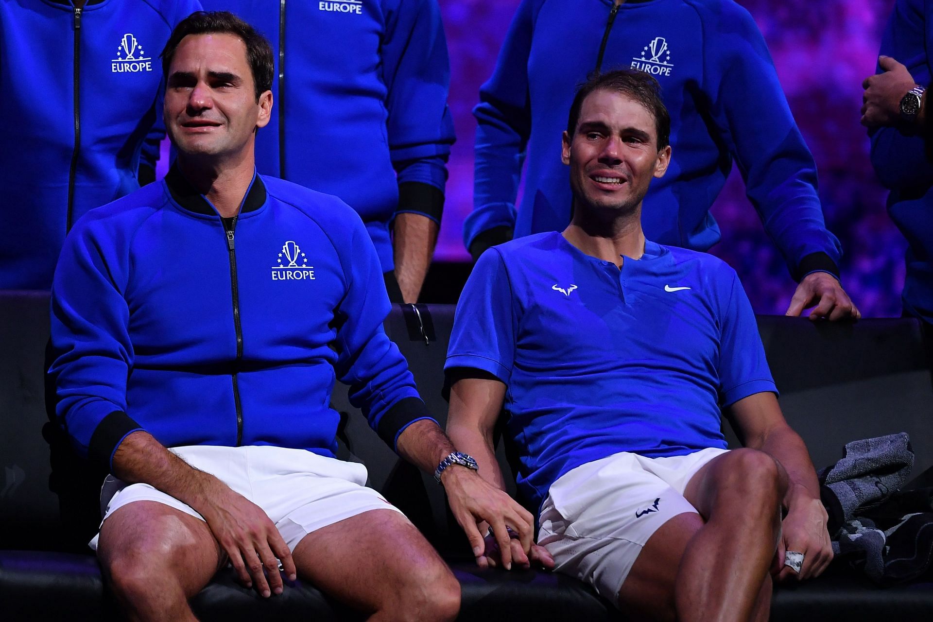 Roger Federer (L) and Rafael Nadal can&#039;t contain their emotions after the former&#039;s retirement.