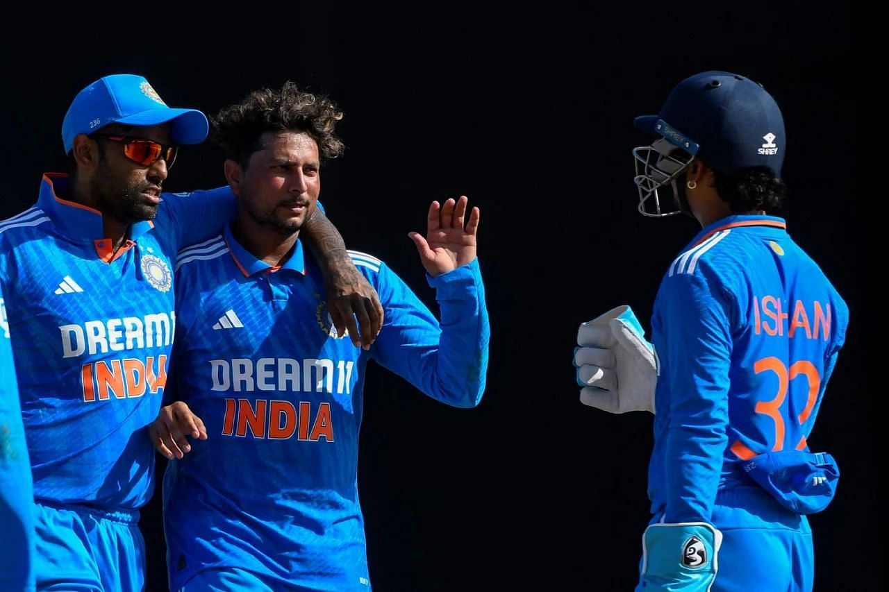 Kuldeep Yadav (second from L) will be a key figure for India in this match.
