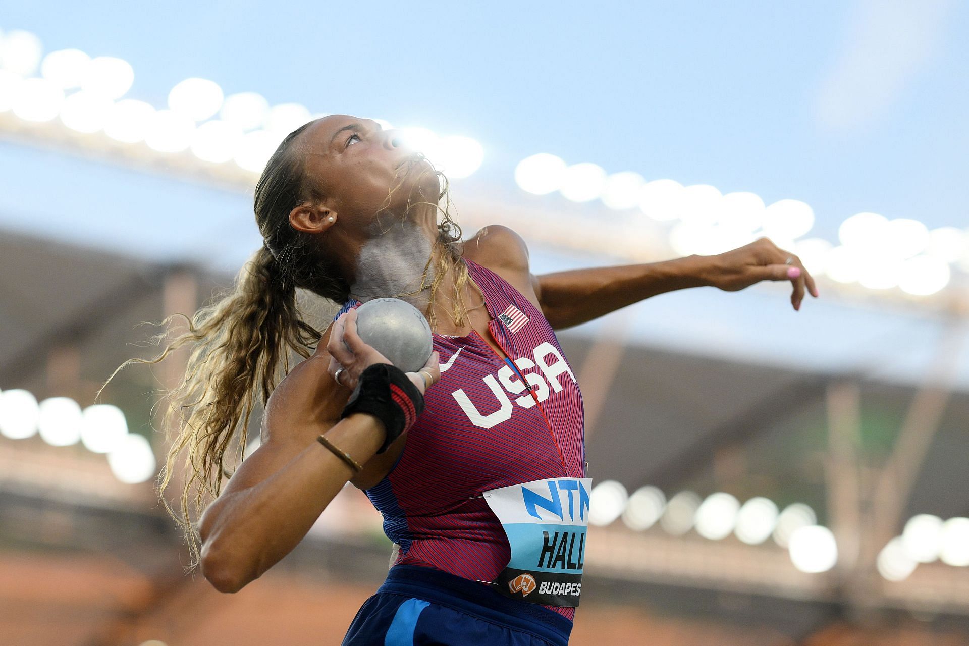 Anna Hall competes in the Shot Put event, part of the Heptathlon at the 2023 World Athletics Championships in Budapest, Hungary