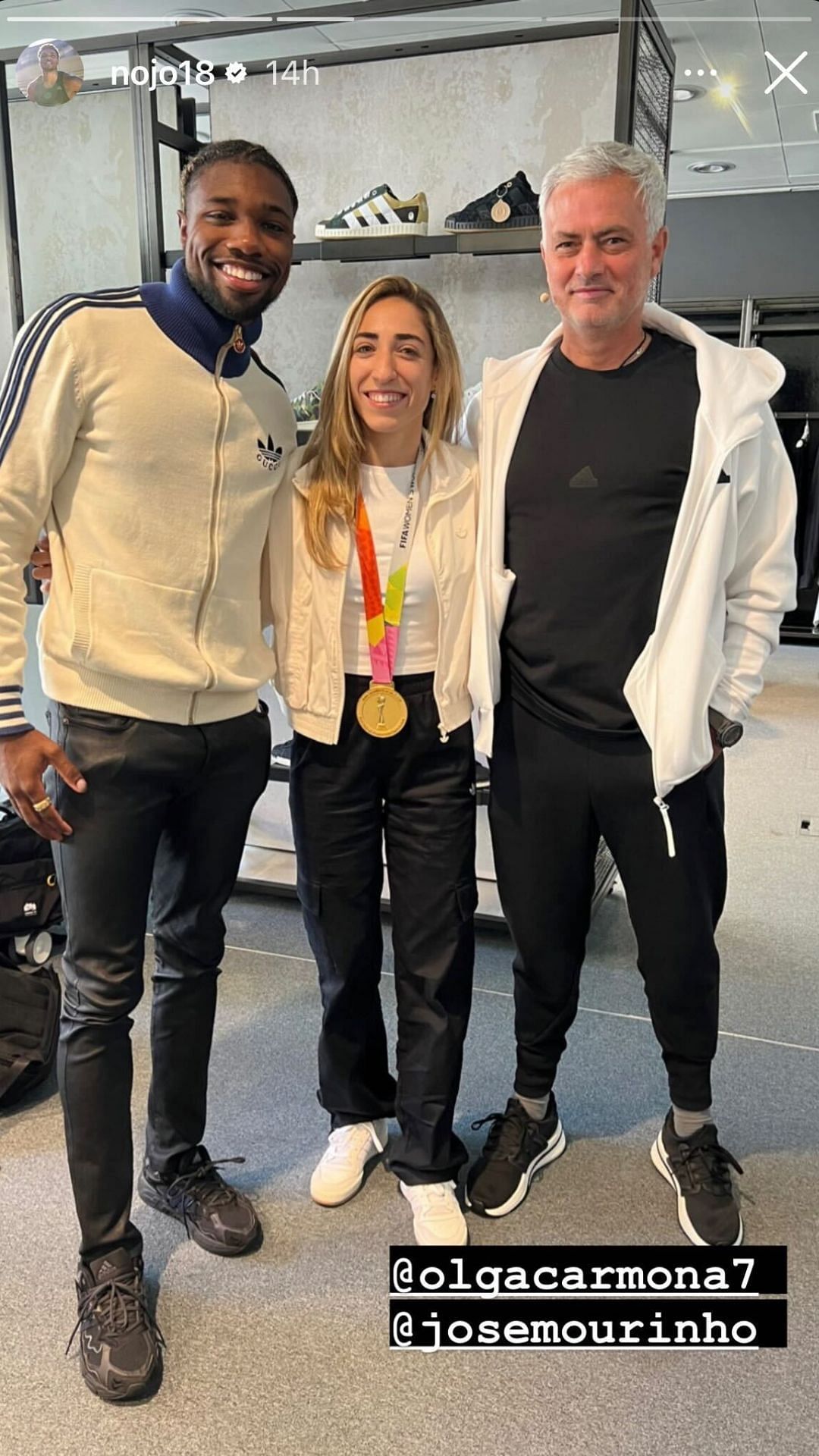 Noah Lyles, Jose Mourinho and Olga Carmona sharing a frame (Image via Instagram)