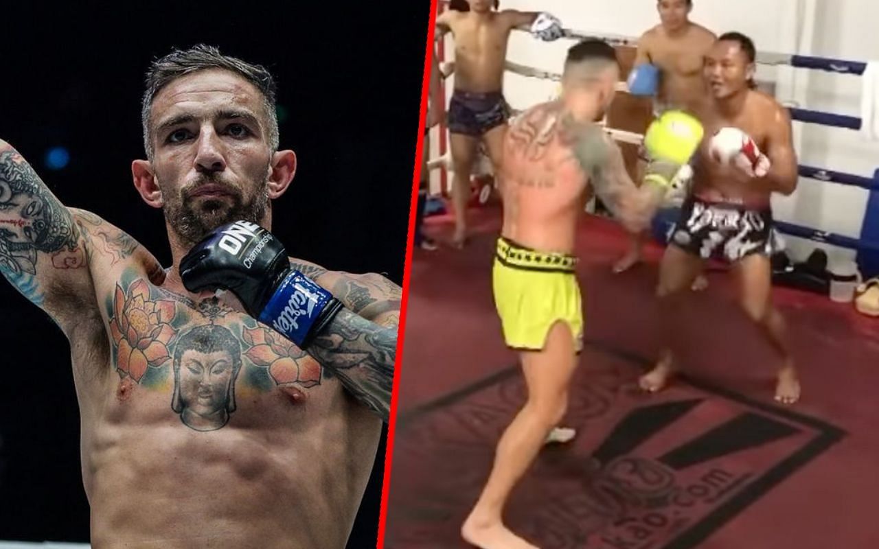 Liam Harrison (left) and Harrison during a sparring session with Saenchai (right)