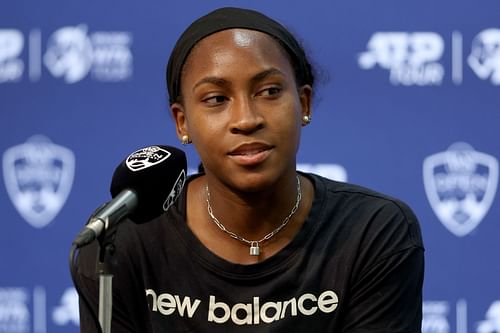 Coco Gauff addresses the media.