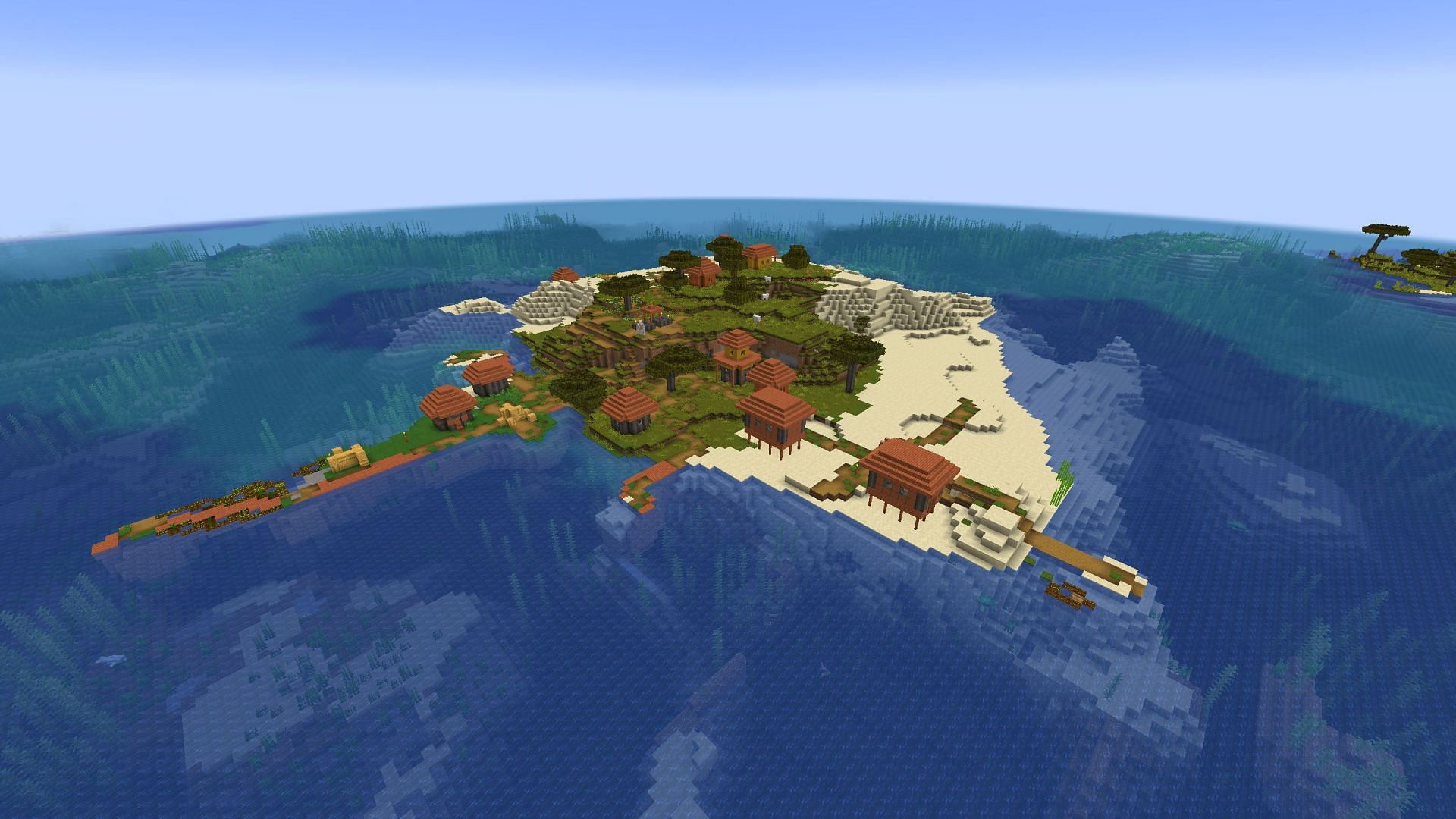 A survival island complete with a savanna village in Minecraft.
