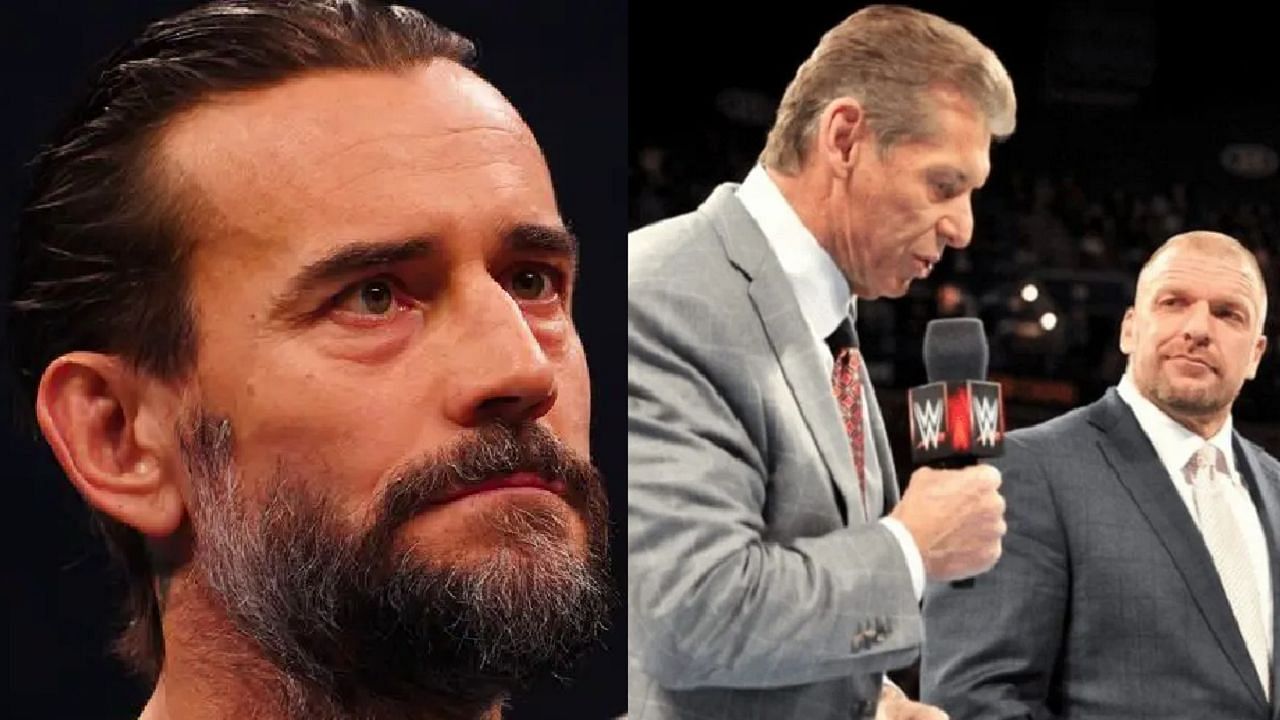 CM Punk (left); Vince McMahon and Triple H (right)