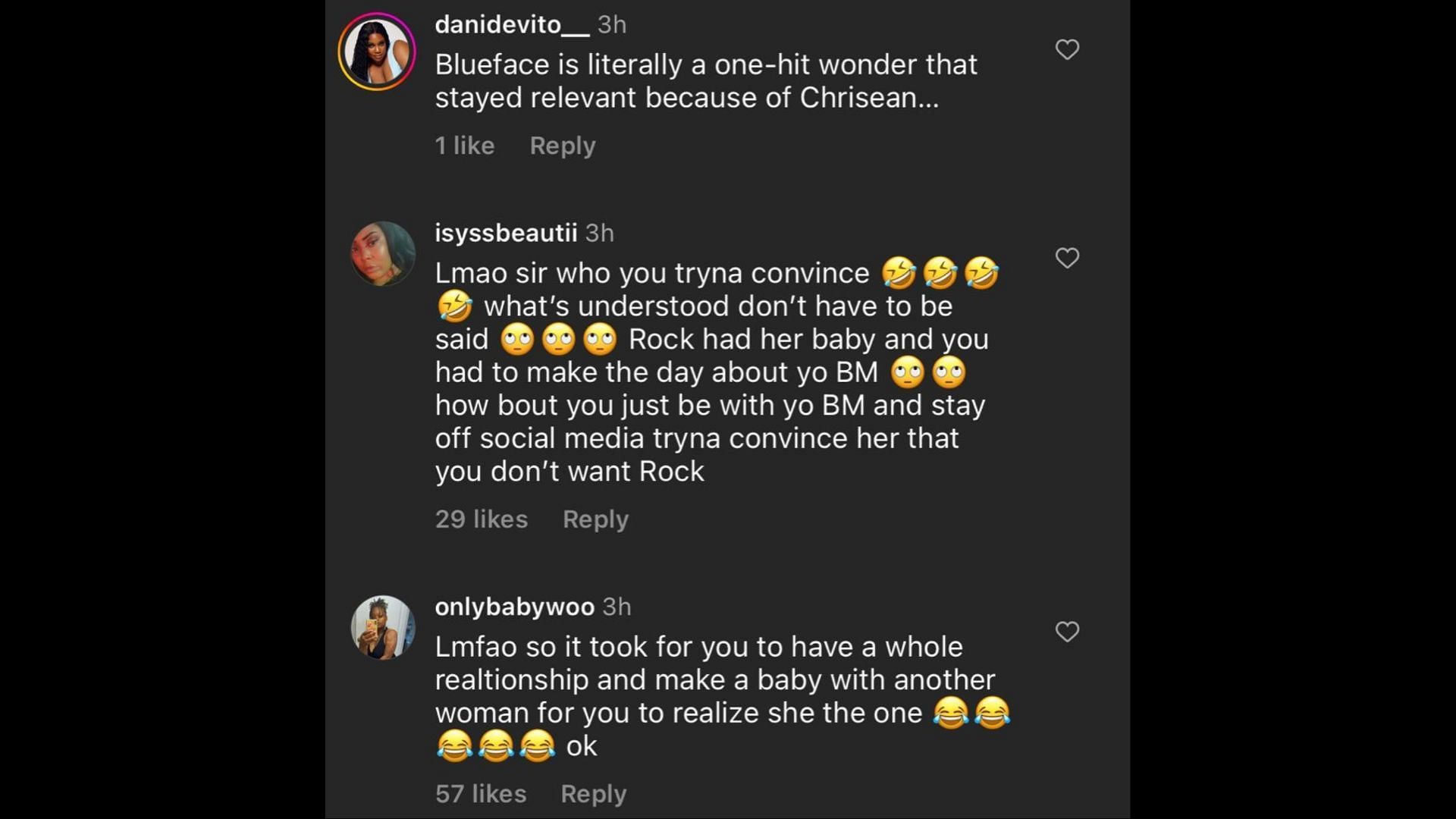 Screenshot of Internet users remarking on the rapper defending his absence during Chrisean Rock&#039;s labor. (Photo via @theneighborhoodtalk/Instagram)