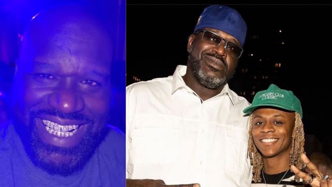 Shaquille O'Neal flashes dazzling diamond teeth at iconic Encore Club in Vegas as son Myles takes center stage