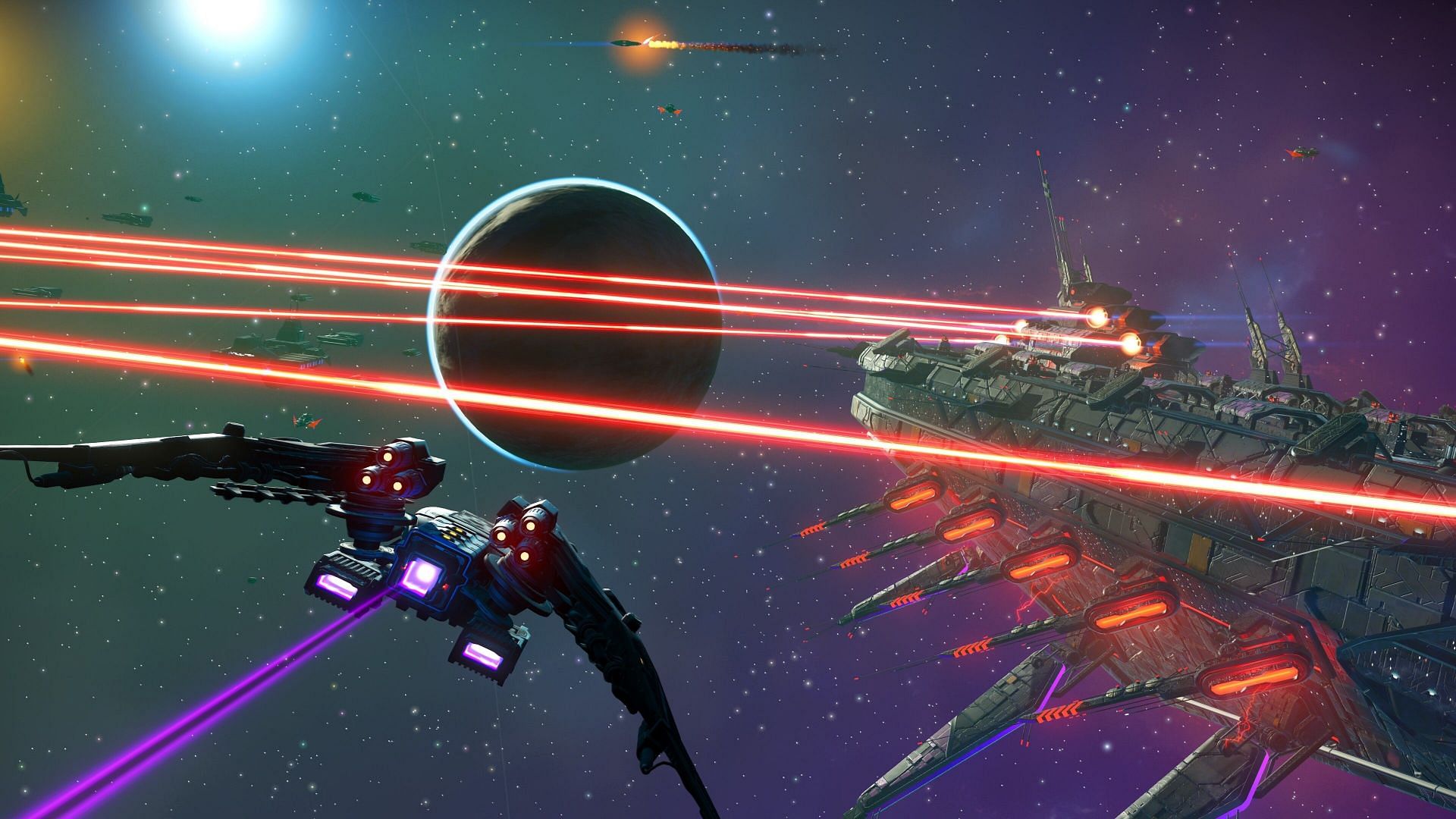 spaceships fighting with a sentinel dreadnaught in space