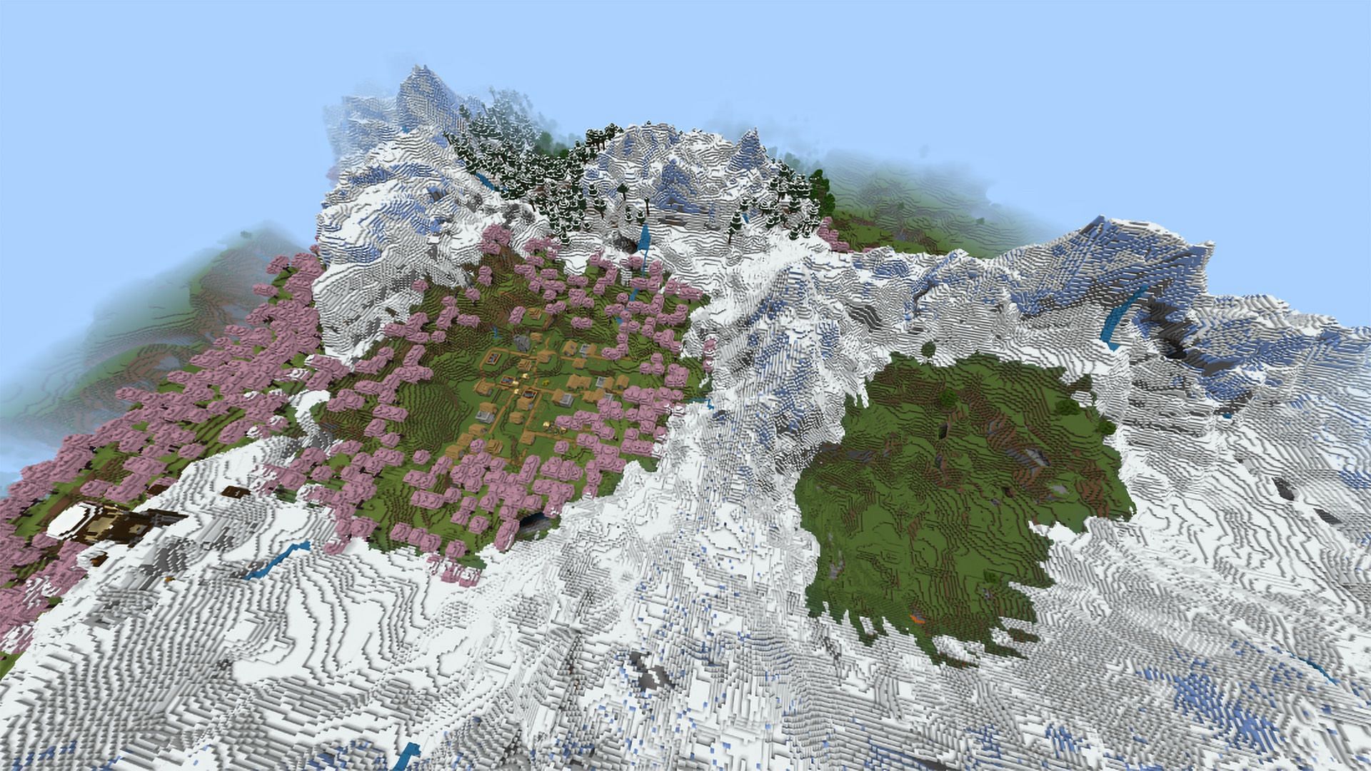 The cherry grove and the snow mountains bring delights of nature in Minecraft (Image via Mojang)