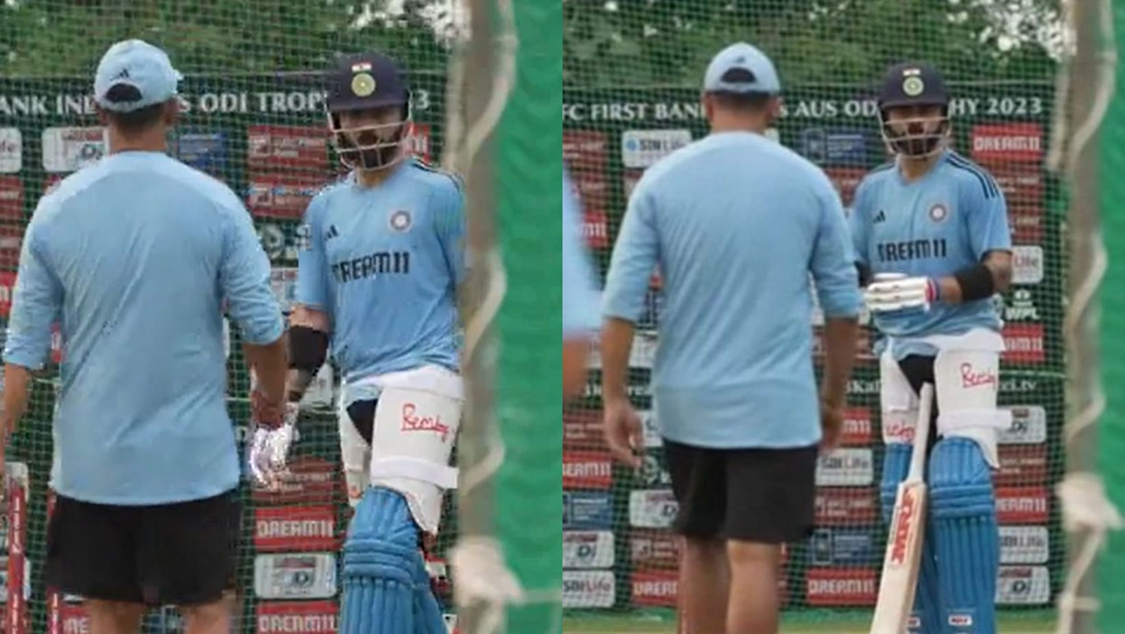 Virat Kohli and Rahul Dravid having a discussion in the nets.