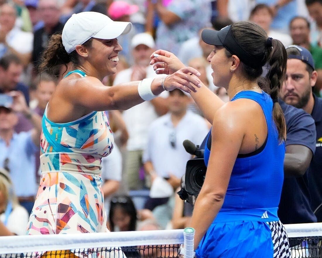 Madison Keys (L) and Jessica Pegula embrace after their fourth-round encounter at the 2023 US Open