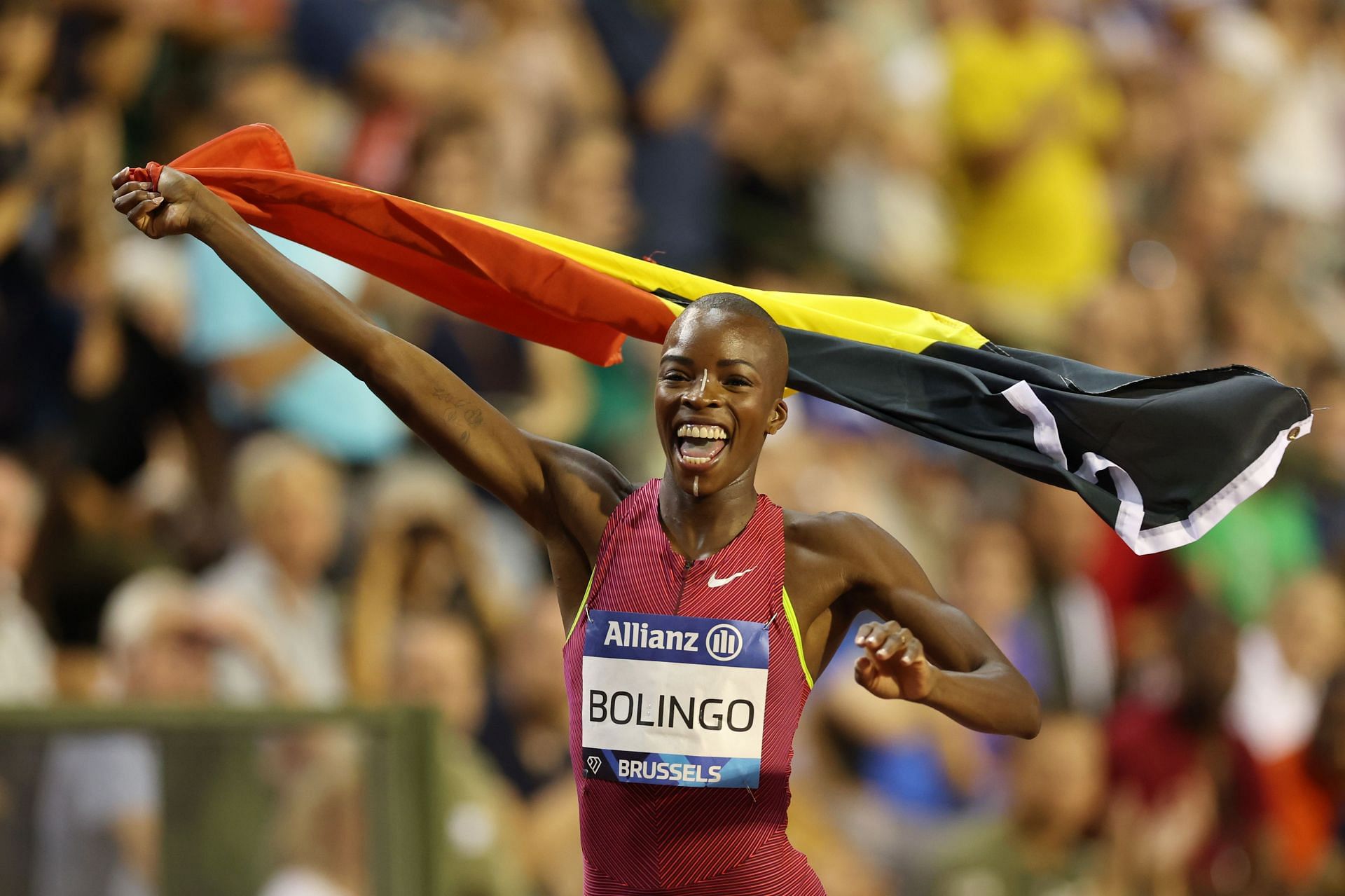 Cynthia Bolingo celebrates after winning a bronze medal in the women&#039;s 400m at the Allianz Memorial Van Damme, 2022 Diamond League Series in Brussels, Belgium
