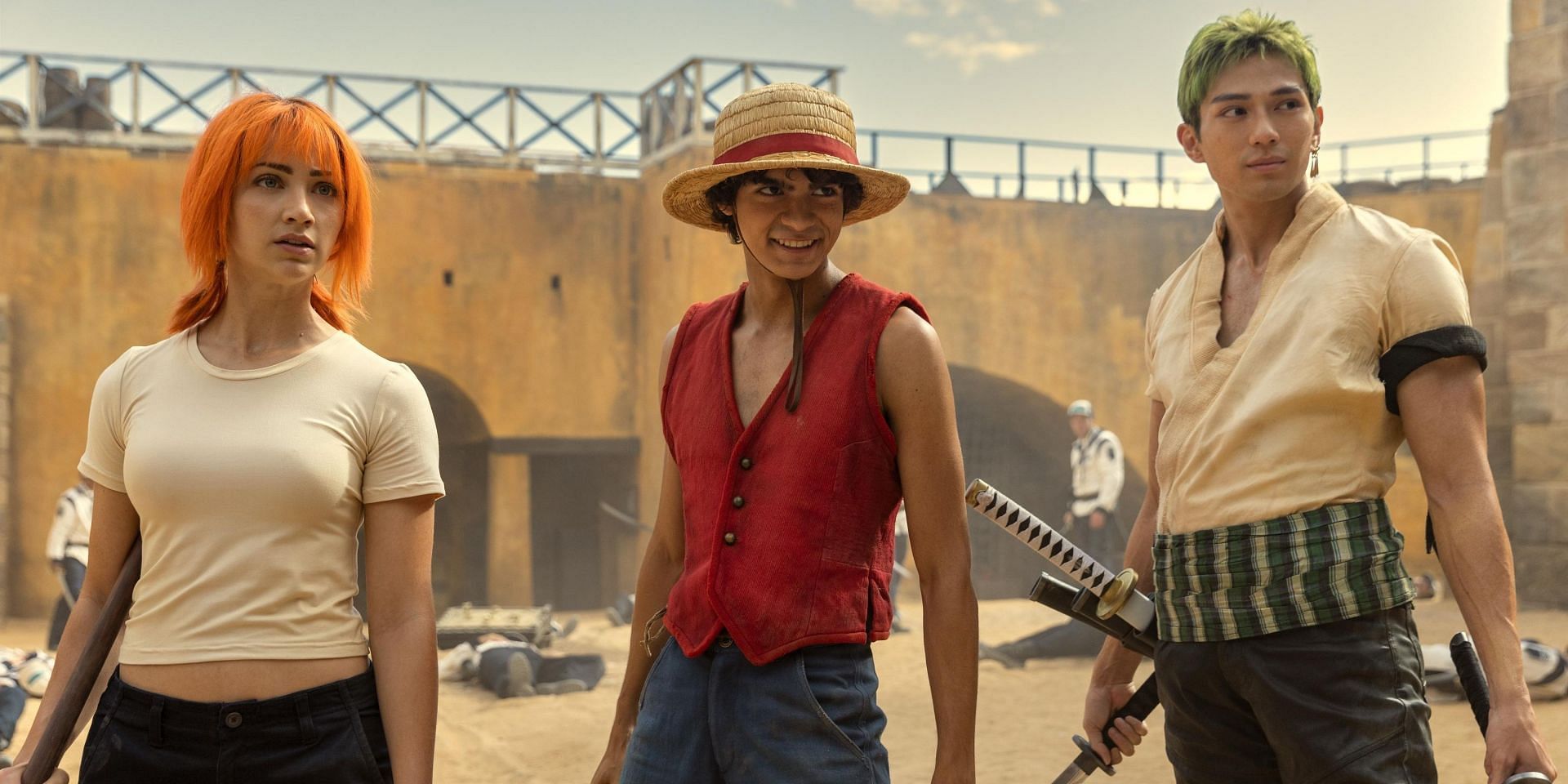 Nami, Luffy, and Zoro as seen in One Piece live-action (Image via Netflix)