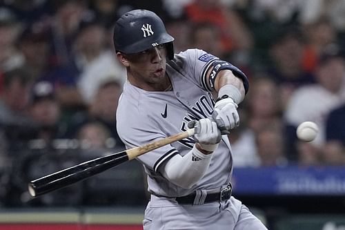 New York Yankees' Oswald Peraza hits an RBI single against the Houston Astros