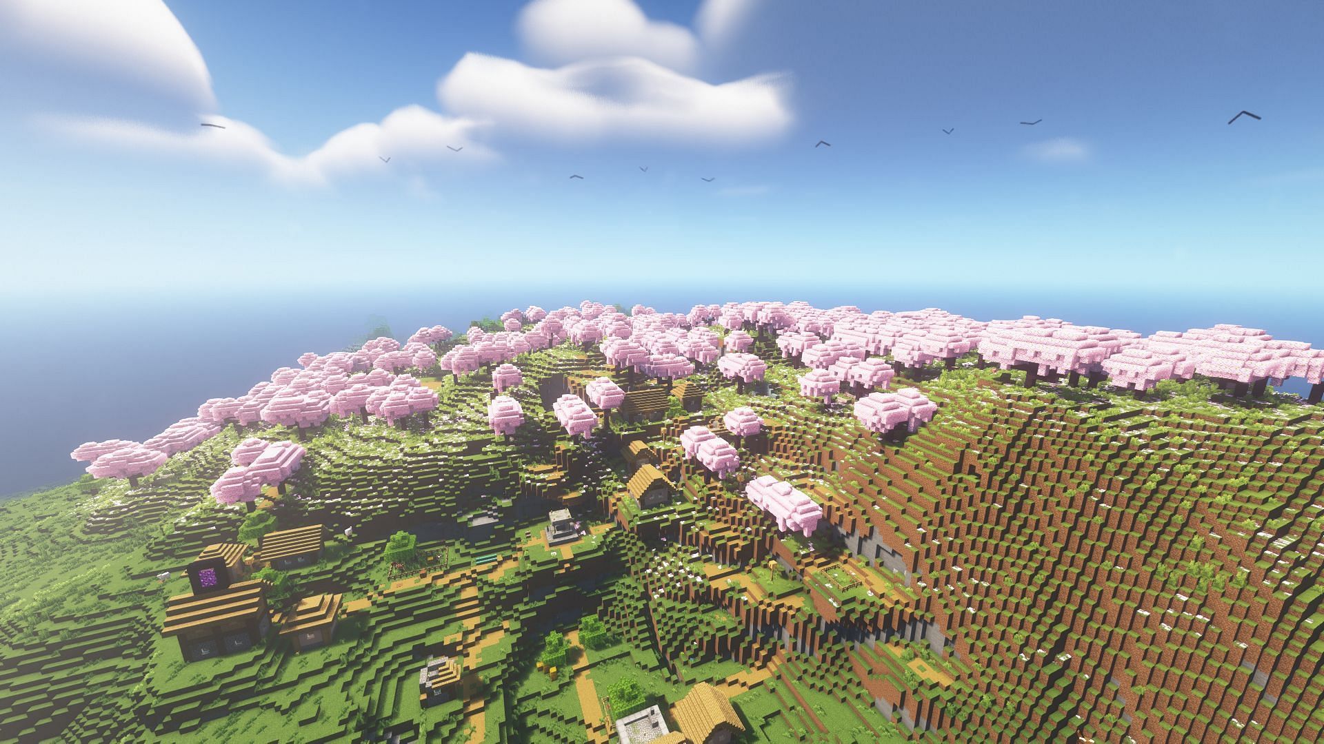 Cherry groves with shaders (Image via Mojang)