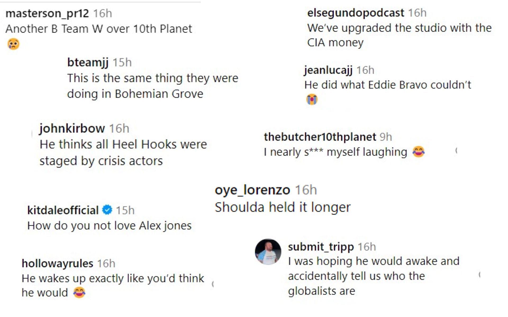 Screenshots of fan reactions to Alex Jones being choked out