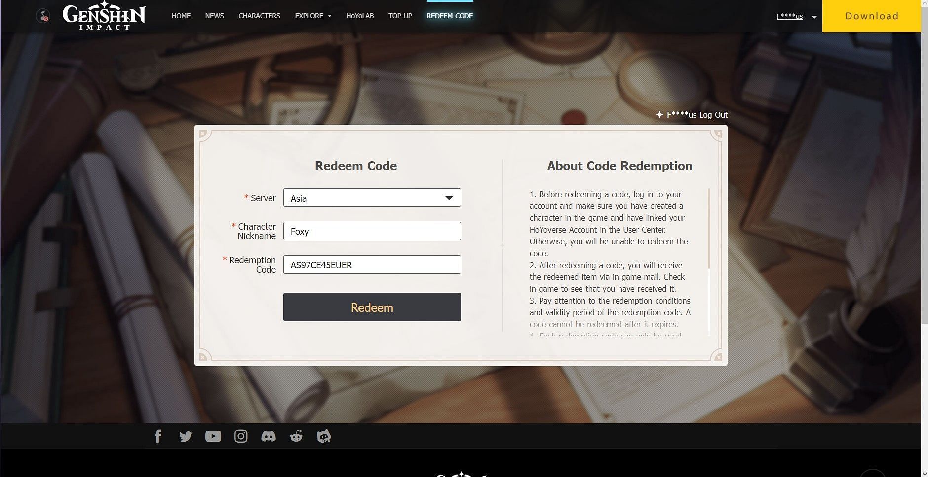 Code redemption page (Image via Genshin Impact)