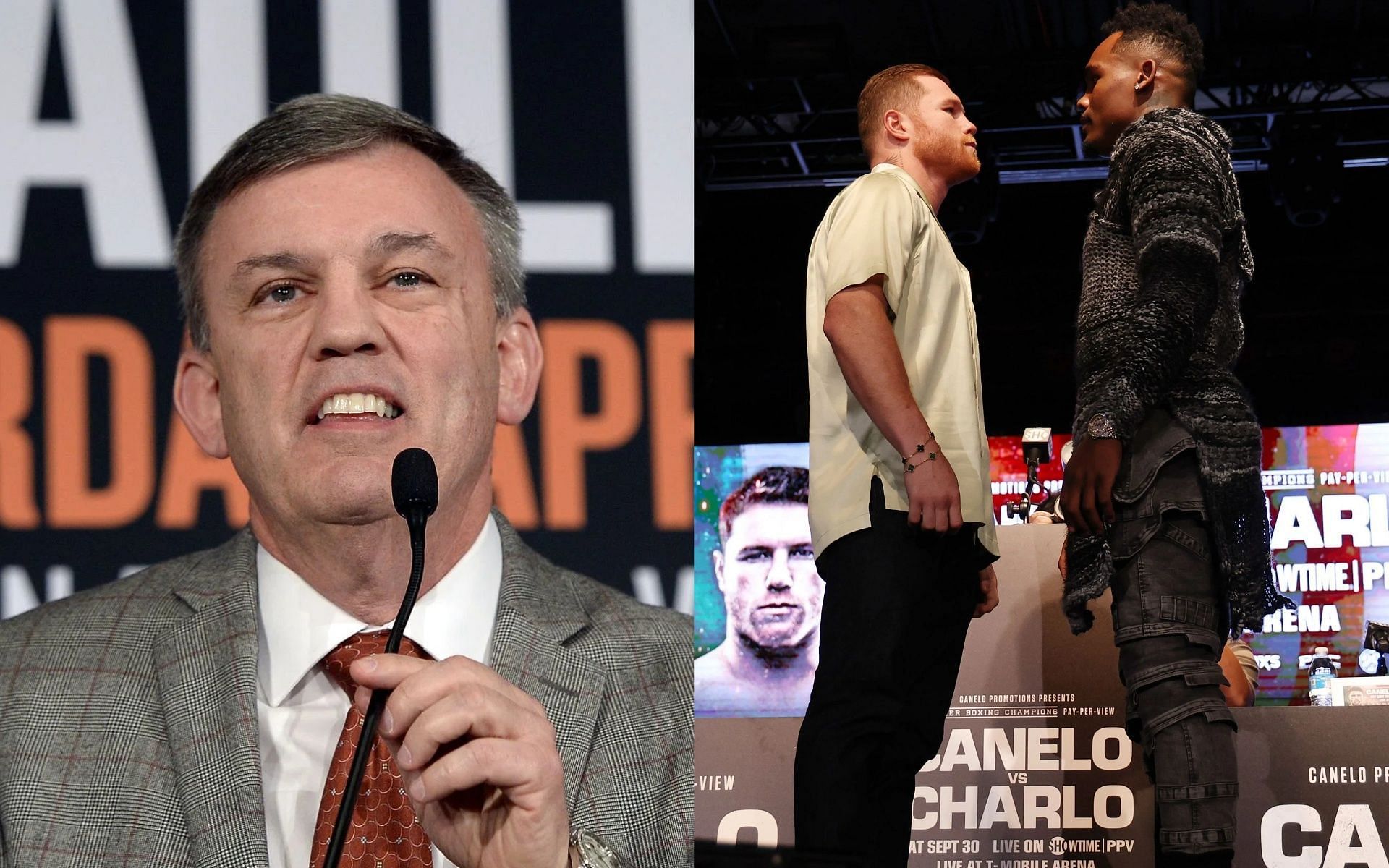 Teddy Atlas (L), and Jermell Charlo and Canelo Alvarez (R) 